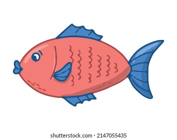 cute hand drawn red fish with blue tail isolated on white background. Good for nursery prints, posters, cards, stickers, kids apparel decor, sublimation, etc. Sea life doodle, clipart. EPS 10 