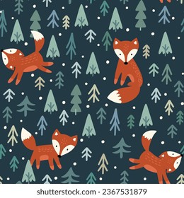 cute hand drawn red fox in the forest with green pines and snow dots, scandinavian kids seamless pattern for winter textile or wrapping paper