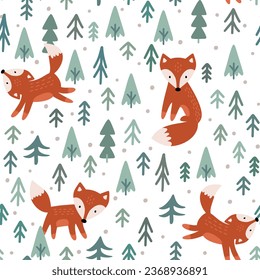 cute hand drawn red fox in the forest with green pines and snow dots, scandinavian kids seamless pattern for winter textile or wrapping paper