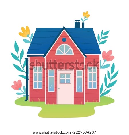 Cute hand drawn red house, cottage decorated with leaves and flowers on white background. Good for posters, prints, cards, signs, planners, etc. EPS 10