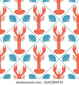 Cute hand drawn red lobster and blue seashells summertime seamless vector pattern background illustration	