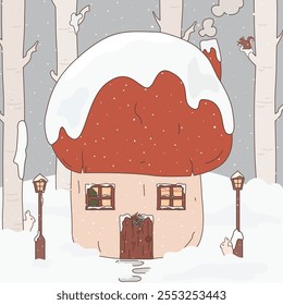 cute hand drawn red mushroom house in the winter forest christmas holidays vector illustration