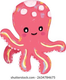 Cute hand drawn red pink octopus doodle sea ocean beach animals illustration kids seafood sand summer season clipart crayon watercolour sticker design