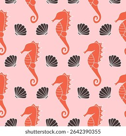 Cute hand drawn red seahorses and brown seashells summertime seamless vector pattern background illustration