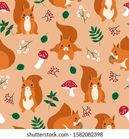 Cute Hand Drawn Red Squirrel Seamless Pattern