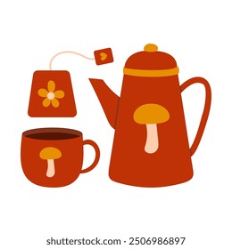 Cute Hand Drawn Red Tea set with Teapot, Tea Cup and Tea Bag. Mushroom, Flower and Heart Design Flat Vector Illustration Isolated.