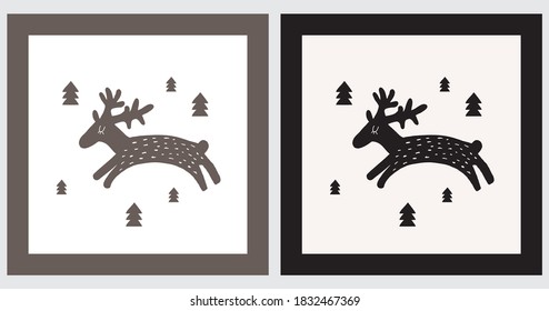 Ilustraciones de vectores de renos dibujados a mano. Cerveza negra y marrón aislada en un fondo de crema blanca y clara.  Diseño de estilo escandinavo ideal para el arte de la pared, tarjeta de Navidad, afiche. 