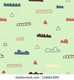 Cute hand drawn repeat pattern on light green. Kid drawing. Abstract shape vector illustration for textile, poster, card,  birthday and party invitation, wallpaper or background.