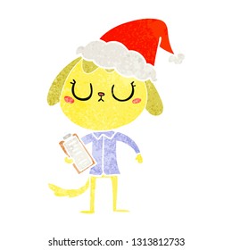 cute hand drawn retro cartoon of a dog wearing office shirt wearing santa hat