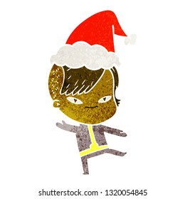 cute hand drawn retro cartoon of a girl with hipster haircut wearing santa hat