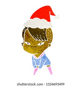 cute hand drawn retro cartoon of a girl with hipster haircut wearing santa hat