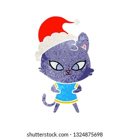 cute hand drawn retro cartoon of a cat wearing santa hat