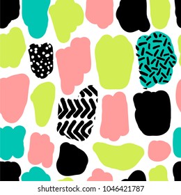 Cute hand drawn retro seamless repeating pattern with abstract shapes brush strokes in 80s and 90s style