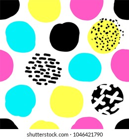 Cute hand drawn retro seamless repeating pattern with abstract shapes brush strokes in 80s and 90s style