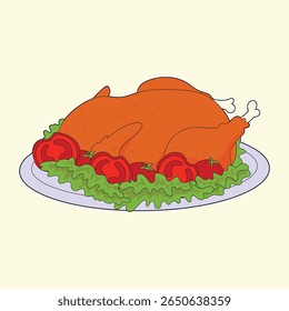 Cute hand drawn roast chicken on plate with lettuce and tomatoes in cartoon style, ideal for thanksgiving, festive dinner, culinary design, food packaging, restaurant menus, and seasonal holiday proje