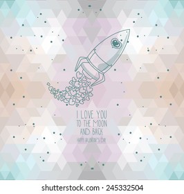 cute hand drawn rocket with hearts, geometric background, lovely card for valentine's day, cosmic vector illustration