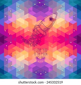 cute hand drawn rocket with hearts, geometric background, lovely card for valentine's day, cosmic vector illustration