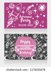 Cute hand drawn rocket on stars background, invitation cards for cosmic style birthday party, sketch style vector illustration