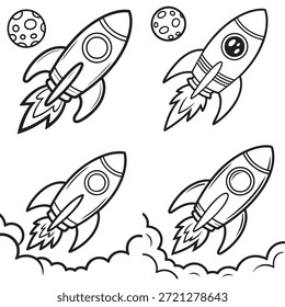 Conjunto de ilustración de naves cohete dibujado a mano lindo para diseños y pegatinas de Space Kids