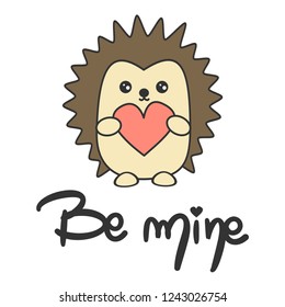 cute hand drawn romantic be mine lettering text with hedgehog with heart vector card