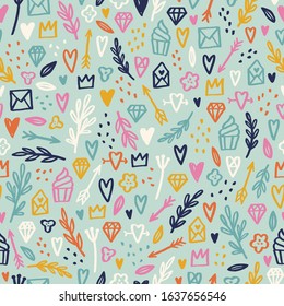Cute hand drawn romantic seamless pattern. Vector illustration