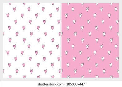 Cute Hand Drawn Romantic Seamless Vector Pattern. Infantile Style Valentine's Day Print. Tiny Heart with Black Outline Isolated on a Pink and White Background. Love Symbol Repeatable Design.