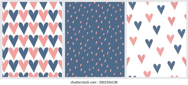 Cute Hand Drawn Romantic Seamless Vector Patterns. Blue and Pink Hearts Isolated on a White Background. Simple Infantile Style Geometric Print with Irregular Spots on a Dark Blue Backdrop.