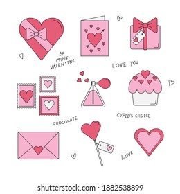 Cute hand drawn romantic Valentine Day icon set. Colorful outlined valentine day fest stuff for perfect date, celebration of love.  Flat style outlined vector illustration in pink and red colors.