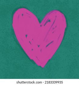 Cute Hand Drawn Romantic Vector  Illustration with Pink Heart on a Green Background. Love Symbol. Simple Oil Painting Style Print with Heart ideal for Card, Poster, Wall Art.