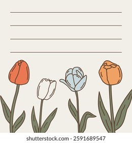 cute hand drawn romantic vector frame card template for notes greeting and invitations with tulip flowers