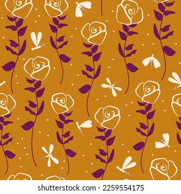 cute hand drawn rose flowers on mustard color background and dragonflies abstract seamless vector pattern illustration
