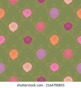 Las rosas dibujadas a mano sin fisuras en el fondo del color de la hoja. Perfecto para textiles, papel pintado, telas y estampado de moda. Ilustración vectorial. 