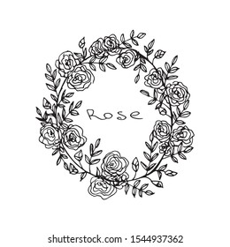Cute hand drawn round frame with floral elements, rose, leaves, twigs, branches. Doodle vector illustration for wedding design, logo and greeting card. 