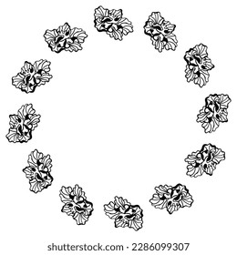 Cute hand drawn round frame with floral elements, herbs, leaves, flowers, twigs. Doodle vector mandala illustration for wedding design, logo and greeting card.