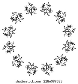 Cute hand drawn round frame with floral elements, herbs, leaves, flowers, twigs. Doodle vector mandala illustration for wedding design, logo and greeting card.