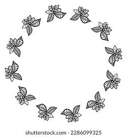 Cute hand drawn round frame with floral elements, herbs, leaves, flowers, twigs. Doodle vector mandala illustration for wedding design, logo and greeting card.