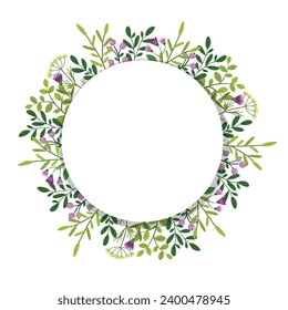 Cute hand drawn round frame with floral elements, herbs, leaves, flowers, twigs. Vector illustration for wedding design, logo and greeting card.