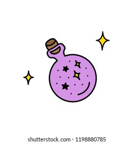 Cute hand drawn round glass of potion vector illustration. Magical violet potion with sparkles. Halloween themed, witch's potion, isolated.