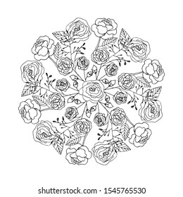Cute hand drawn round mandala with floral elements, herbs, leaves, flowers, twigs. Doodle vector illustration for wedding design, logo and greeting card. 