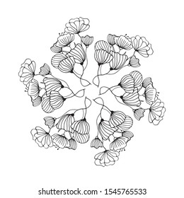 Cute hand drawn round mandala with floral elements, herbs, leaves, flowers, twigs. Doodle vector illustration for wedding design, logo and greeting card. 