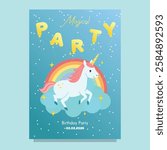 Cute Hand drawn running unicorn scene with rainbow clouds and night