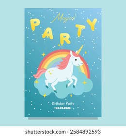 Cute Hand drawn running unicorn scene with rainbow clouds and night