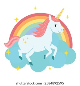 Cute Hand drawn running unicorn scene with rainbow clouds and night