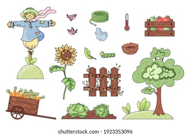 Cute hand drawn rural harvest season theme collection. Vector agriculture objects isolated on white background. Gardening symbols and elements template for design print, card, gift, fabric, wallpaper.