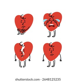 Cute hand drawn sad crying broken unhappy heart character. Cartoon mascot with different facial expression and body posture for health campaigns, promotions, educational materials. Editable stroke