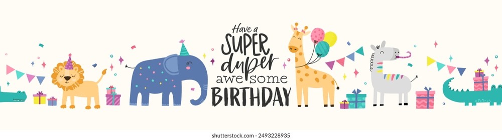 Patrón sin fisuras de animales de safari dibujados a mano lindo, fondo de cumpleaños, ideal para envolver, superficies, fondos, Fondos de pantalla - diseño de Vector