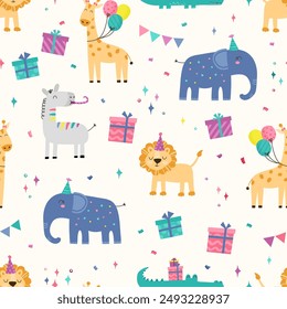 Cute hand drawn safari animals seamless pattern, birthday background, great for wrapping, surfaces, backgrounds, wallpapers - vector design