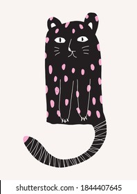 Cute Hand Drawn Safari Party Vector Illustration. Funny Black Tiger Isolated on a Beige Background. Simple Infantile Style Nursery Art ideal for Wall Art, Card, Invitation.
