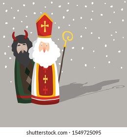 Cute hand drawn Saint Nicholas with devil greeting card, invitation. Winter season background with falling snow. Flat design, vector illustration. European tradition.