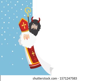 Cute hand drawn Saint Nicholas with devil and blank paper sheet, greeting card. Winter background, web banner with falling snow and copy space. Flat design, vector illustration. European tradition.